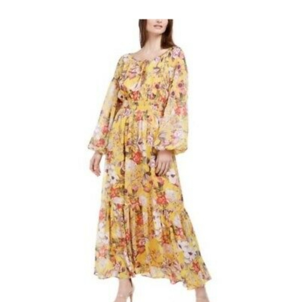 INC yellow long sleeve chiffon print dress
